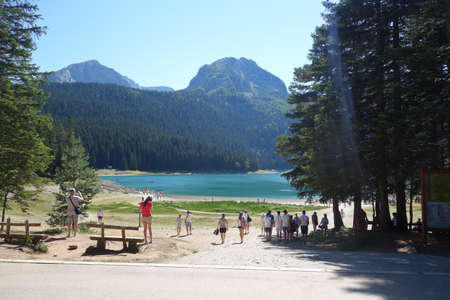 August 1, 2017: People on Black Lake (Crno jezero), a lake on Mount Durmitor in the Municipality of Zabljak, Montenegroのeditorial素材