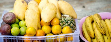 Tropical fruits in a plastic boxの写真素材