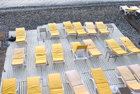 Top view of yellow sunbedsの写真素材