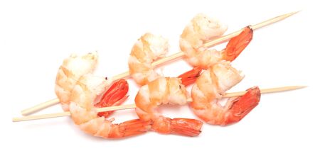 Two shrimps kebabs isolated on white backgroundの写真素材