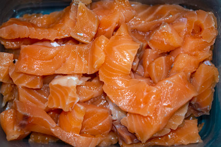 Top view of salmon slicesの写真素材