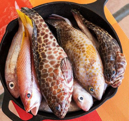 Fresh fish in cast iron skillet on a tableの写真素材