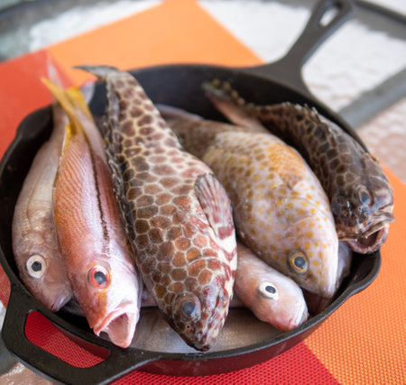 Fresh fish in cast iron skillet on a tableの写真素材