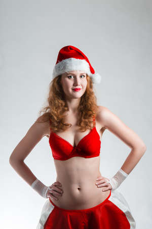 Pretty Santa girl closeup portrait,の写真素材