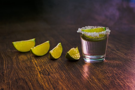 Tequila in Shot Glasses with  Lime and Saltの写真素材
