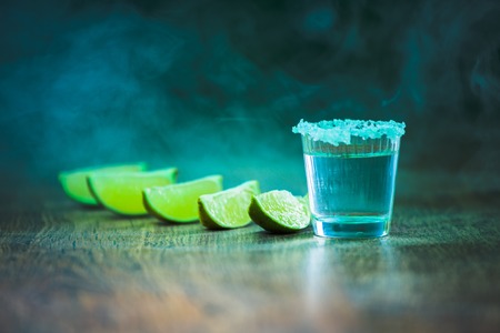 Tequila in Shot Glasses with  Lime and Saltの写真素材