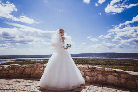 Young bride in white wedding dressの写真素材