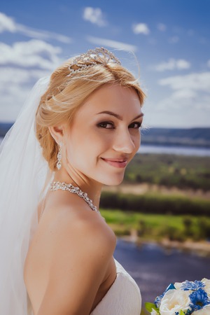 Young bride in white wedding dressの写真素材