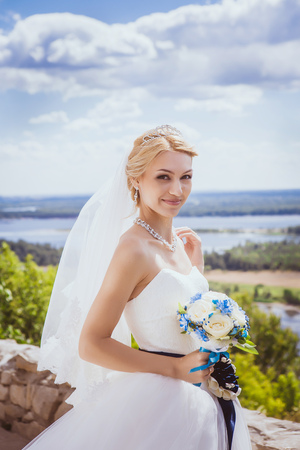 Young bride in white wedding dressの写真素材