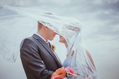 Kissing wedding couple in high grassの写真素材