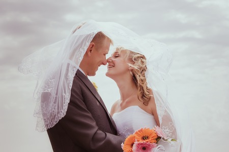 Kissing wedding couple in high grassの写真素材