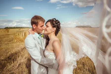 Beautiful bride and groom portrait in  natureの写真素材