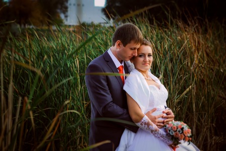 beautiful lovely bridal couple standing  near lakeの写真素材