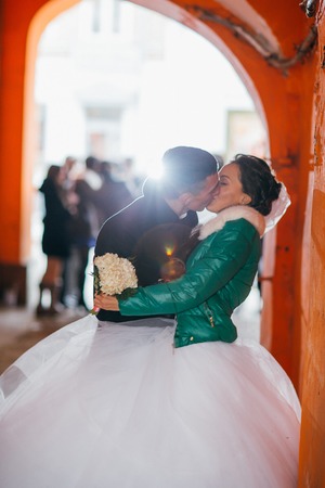 Romantic groom and bride in their wedding dayの写真素材