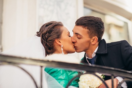 Morning wedding  kiss in  Pragueの写真素材