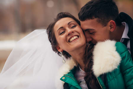 Beautiful wedding in autumn  parkの写真素材