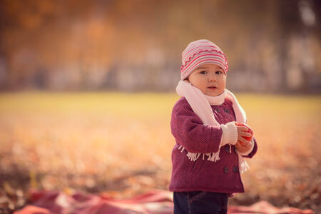 Beautiful outdoor autumn portrait of adorable  toddler girlの写真素材