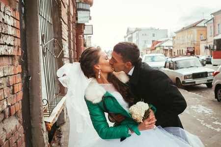 Morning wedding  kiss in  Pragueの写真素材