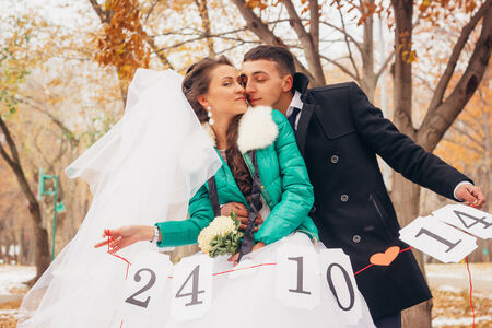Beautiful wedding in autumn  parkの写真素材