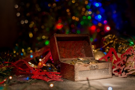 Treasure chest with Christmas decorationsの写真素材