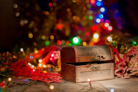 Treasure chest with Christmas decorationsの写真素材