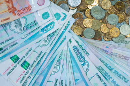 Russian rouble bills composition,  different banknotes and coins