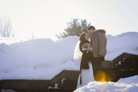 A happy couple in winter wedding  dayの写真素材
