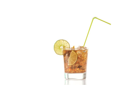 Fresh Fresh cocktail with cola drink and lime fruit on white backgroundの写真素材