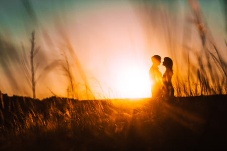 Romantic silhouette  couple standing and kissing on background summer meadow sunsetの写真素材