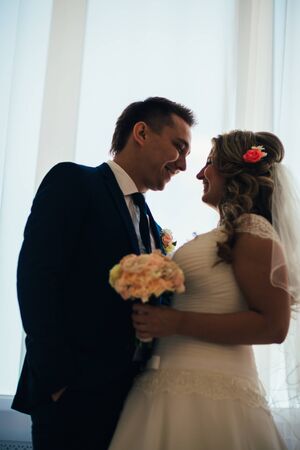Bride and groom posing in  a hotel room on background windowsの写真素材