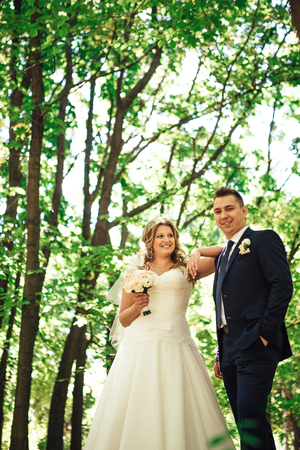 Happy couple bride and groom embracing they stand  in a forestの写真素材