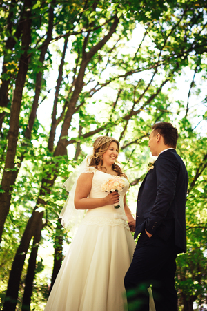 Happy couple bride and groom embracing they stand  in a forestの写真素材