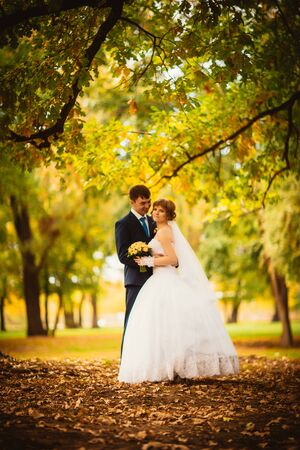 young bride and   groom on the background of autumn landscapeの写真素材