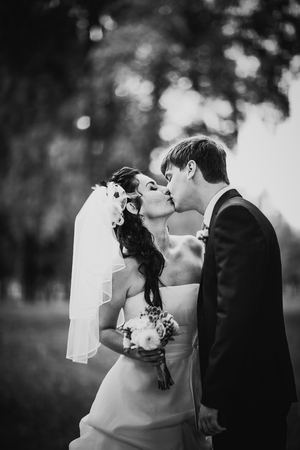 Black white photography  wedding beautiful young couple stand on background forestの写真素材