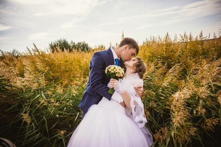 young bride and groom on  the background of the fieldの写真素材