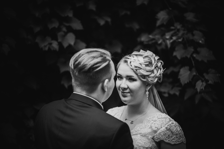 Black white  photography beautiful young couple stand on  background forestの写真素材