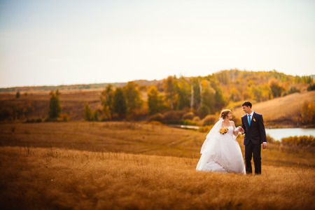 young bride and groom on  the background of the fieldの写真素材