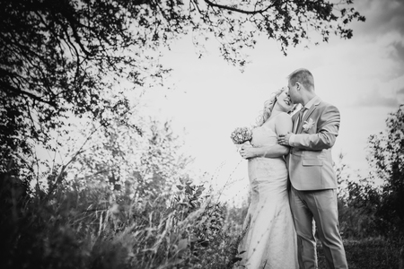 Black white  photography  beautiful wedding young couple stand on  background forestの写真素材