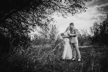 Black white  photography  beautiful wedding young couple stand on  background forestの写真素材
