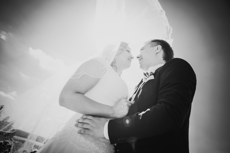 Black white photography happy couple  bride and groom embracing they stand on background nature close-upの写真素材