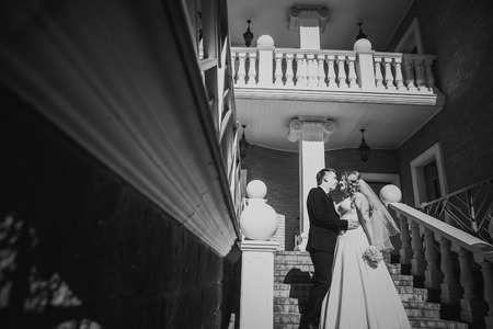 Black white  photography bride and groom embracing they stand on background beautiful architecture of the city full lengthの写真素材