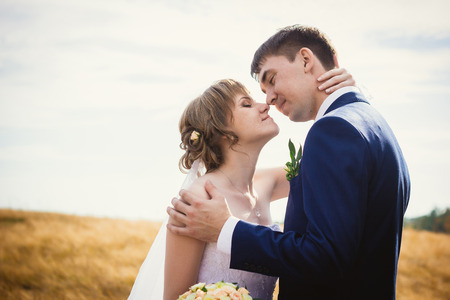 young bride and groom on  the background of the fieldの写真素材