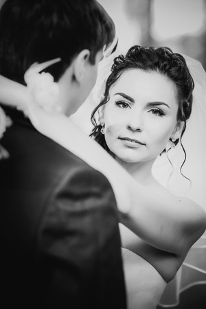Black white photography  wedding beautiful young couple stand on background forestの写真素材