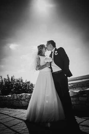 Black white photography happy couple  bride and groom embracing they stand on background nature full lengthの写真素材