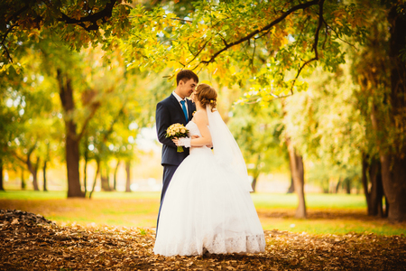 young bride and   groom on the background of autumn landscapeの写真素材