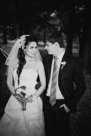 Black white photography  wedding beautiful young couple stand on background forestの写真素材