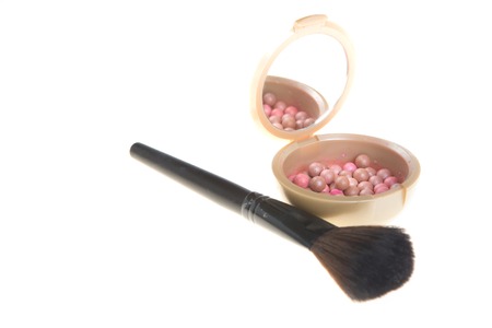 Blush in the balls and make-up brushes  close-upの写真素材
