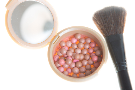 Blush in the balls and make-up brushes  close-upの写真素材