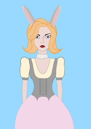 Portrait of a rabbit girl in a dress on a blue backgroundのイラスト素材