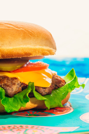 Cheeseburger close-up on a plateの写真素材